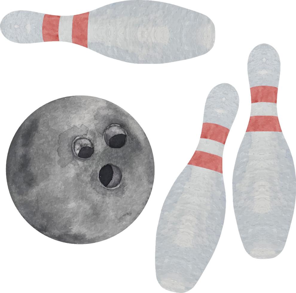 acquerello bowling nero palla e perni illustrazione isolato su bianca sfondo vettore