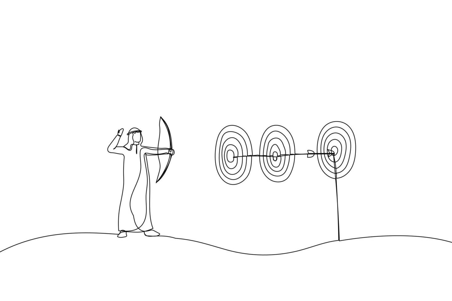 cartone animato di inteligente arabo uomo d'affari tiro con l'arco colpire multiplo bullseye con singolo freccia. metafora per completato multiplo compiti con singolo azione. singolo continuo linea arte stile vettore