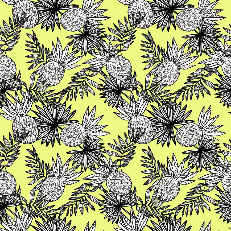 un' senza soluzione di continuità modello di ananas e tropicale foglie, disegnato a mano scarabocchio elementi nel schizzo stile. totale ananas. palma le foglie. Immagine di estate frutta vettore