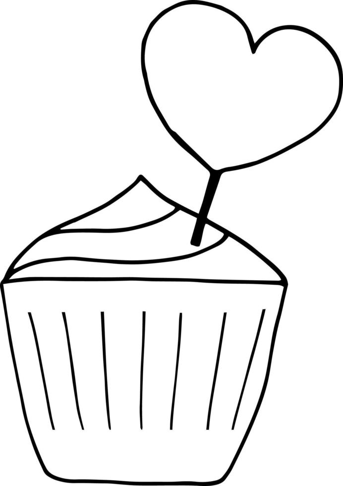 Cupcake con cuore icona. mano disegnato scarabocchio stile. , minimalismo, monocromo, schizzo. cibo, dolci, al forno merce, vacanza compleanno San Valentino giorno amore nozze dolce vettore