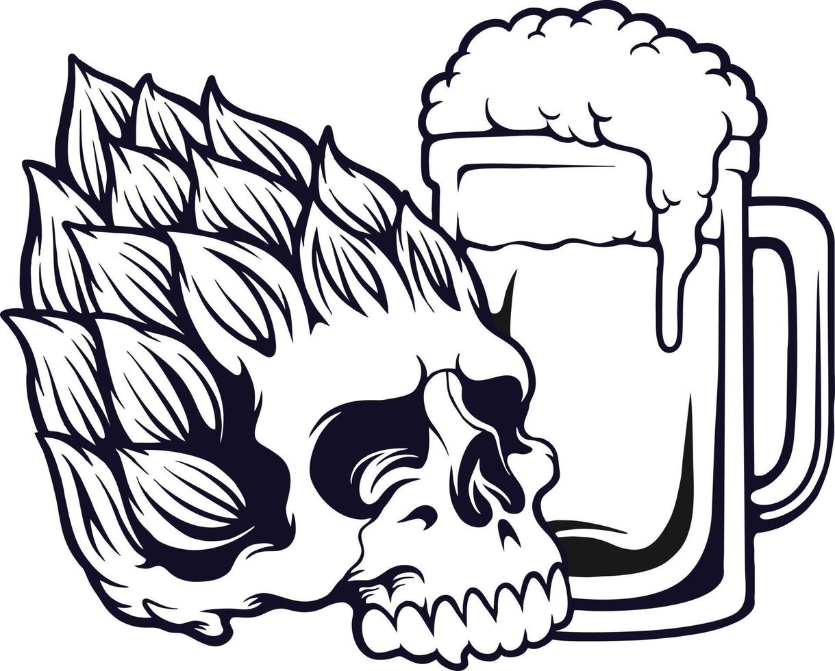 cranio testa floreale con birra bicchiere silhouette vettore