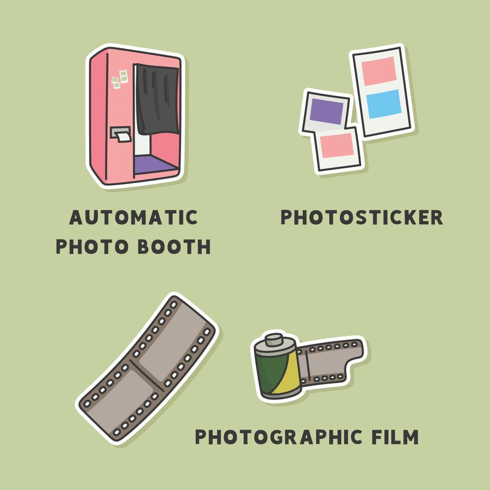 automatico foto cabina e film kawaii scarabocchio etichetta piatto cartone animato vettore illustrazione