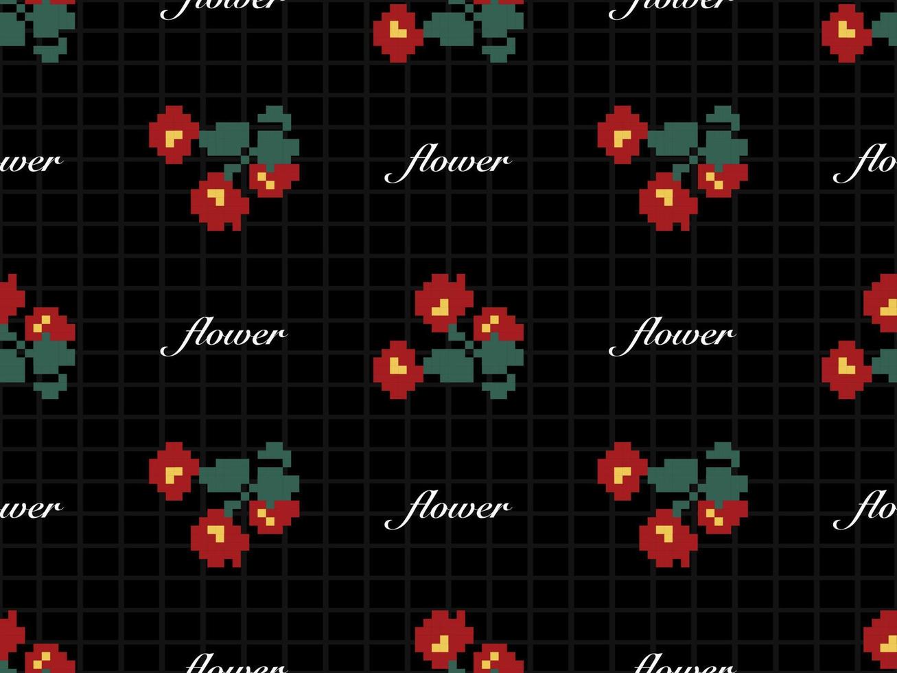 modello senza cuciture del personaggio dei cartoni animati del fiore su fondo nero. stile pixel vettore