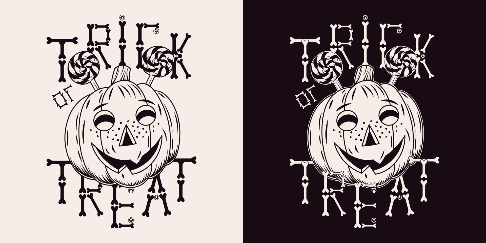 Halloween monocromatico Vintage ▾ emblema con caramella, zucca testa stilizzato come umano lentigginoso bambini viso. tradizionale testo trucco o trucco. lettere fatto di ossa. isolato vettore illustrazione