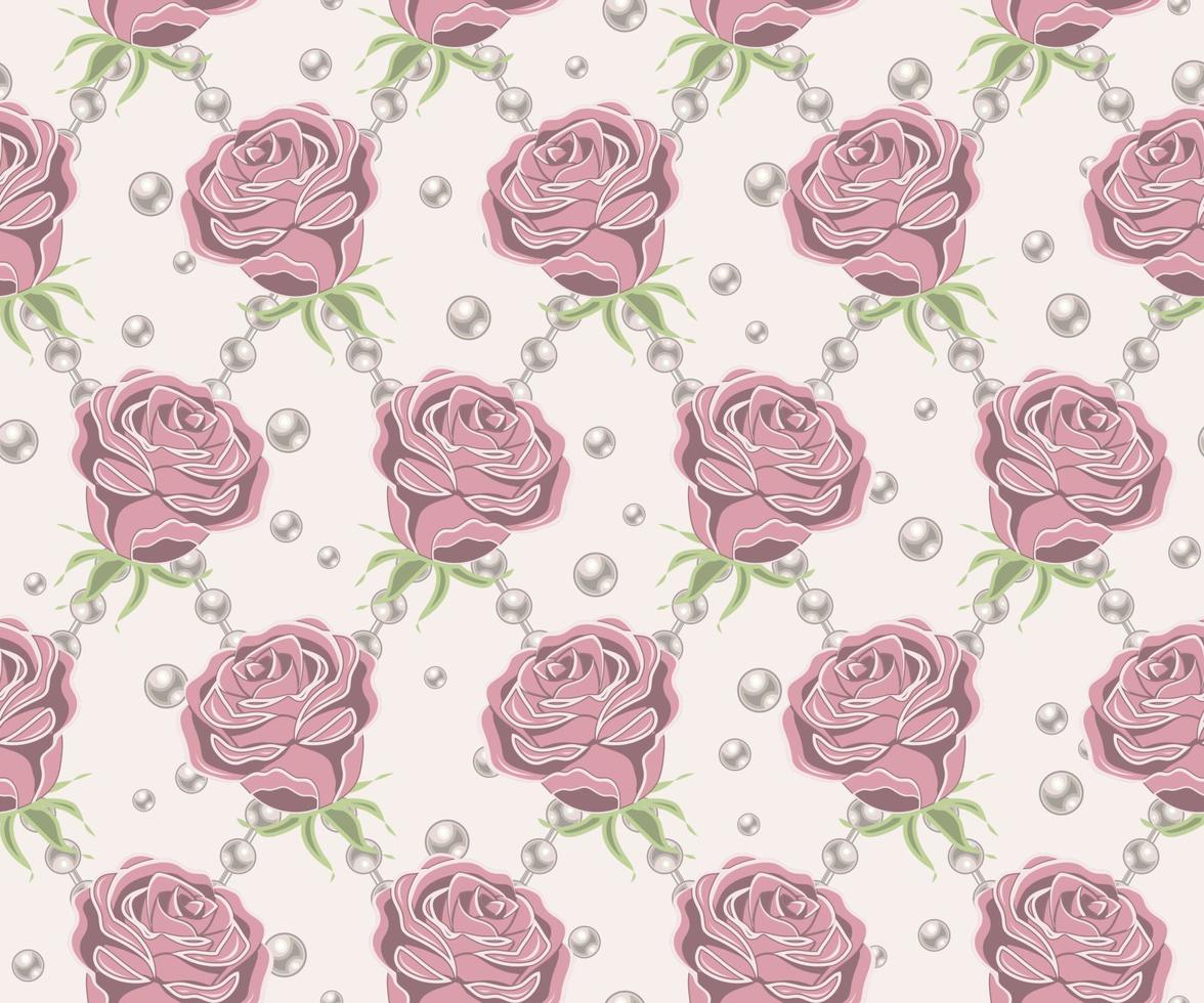 senza soluzione di continuità modello con pallido rosa Vintage ▾ Rose, perla stringhe, perle perline nel romboidale griglia su bianca sfondo. vettore illustrazione.