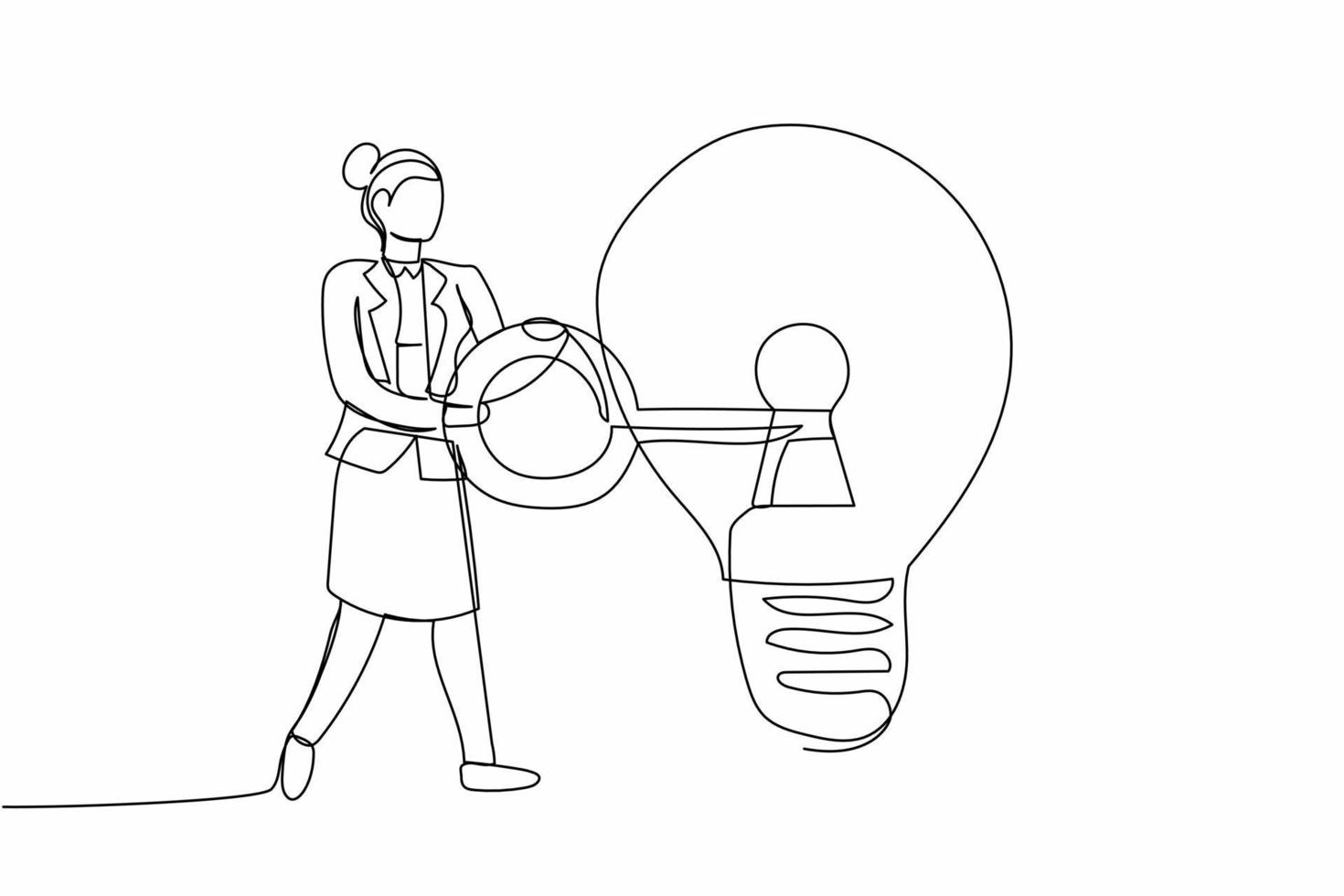 continuo uno linea disegno donna d'affari mettere chiave in leggero lampadina. di brainstorming guardare per attività commerciale idea, inventare nuovo Prodotto o creativo pensieri. singolo linea disegnare design vettore grafico illustrazione