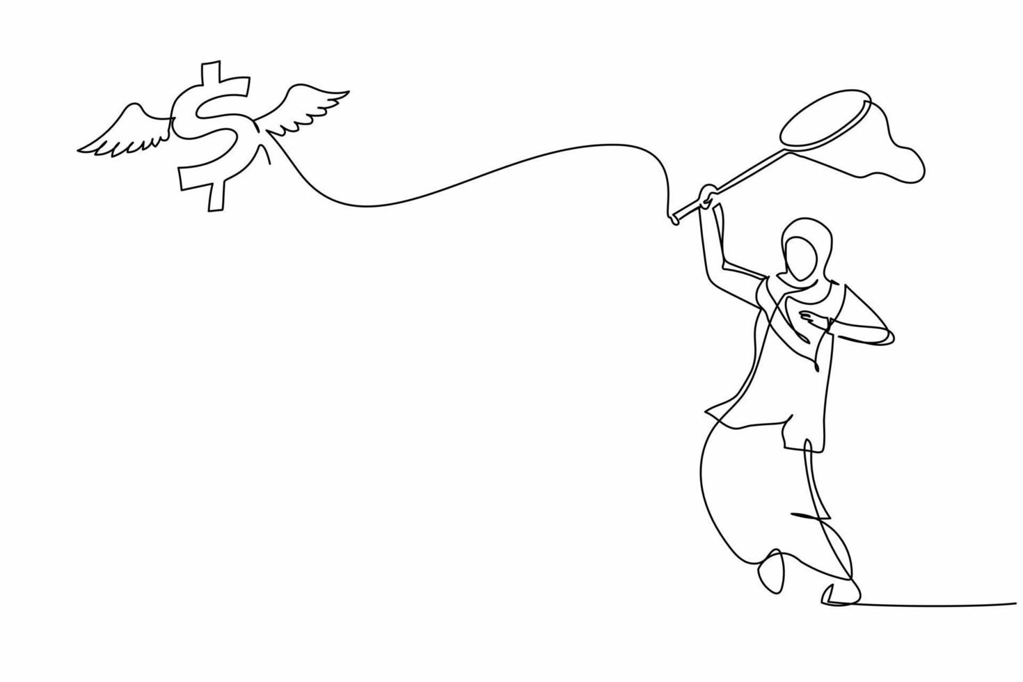 singolo continuo linea disegno arabo donna d'affari provare per attraente volante dollaro simbolo con farfalla rete. dollaro inflazione cause prezzi per salita. uno linea disegnare grafico design vettore illustrazione