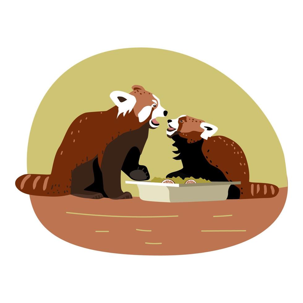 rosso panda madre e figlio con Aperto bocca vicino il ciotola di cibo, animali esprimere emozioni, famiglia litigare per meme, bambini illustrazione, mano disegnato vettore
