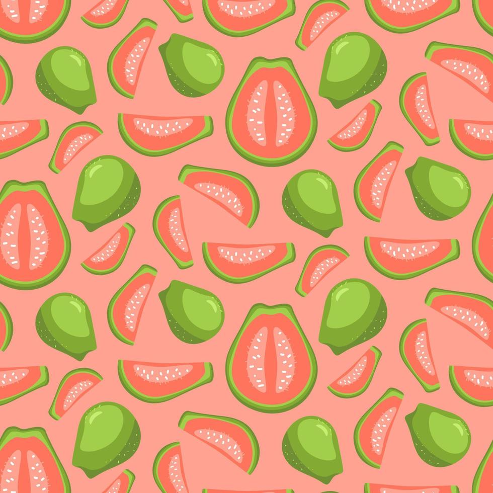 guaiava totale e metà affettato senza soluzione di continuità modello. esotico tropicale vegetariano frutta. menù, frullato ciotola, mercato, negozio, festa decorazione, tessile, copertina design illustrazione vettore