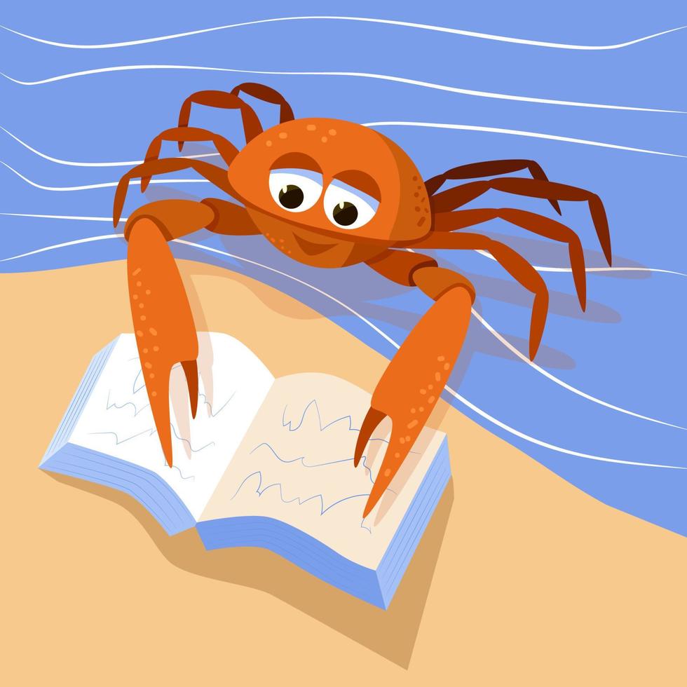 cartone animato carino Granchio lettura un' libro. marino a grandi linee costruito decapode crostaceo mascotte. personaggio di mare creatura su astratto mare e sabbia sfondo illustrazione vettore