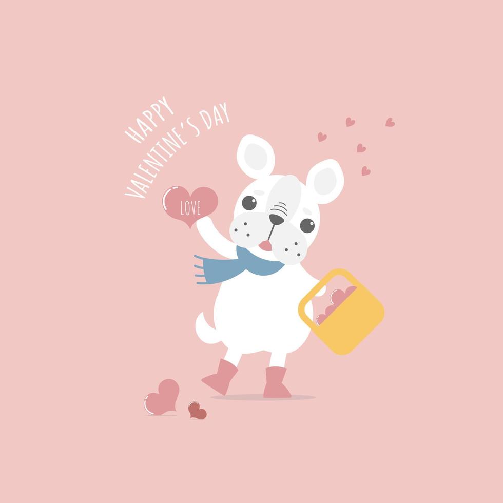 carino e bello mano disegnato carino francese bulldog carlino Tenere cuore, contento San Valentino giorno, amore concetto, piatto vettore illustrazione cartone animato personaggio costume design