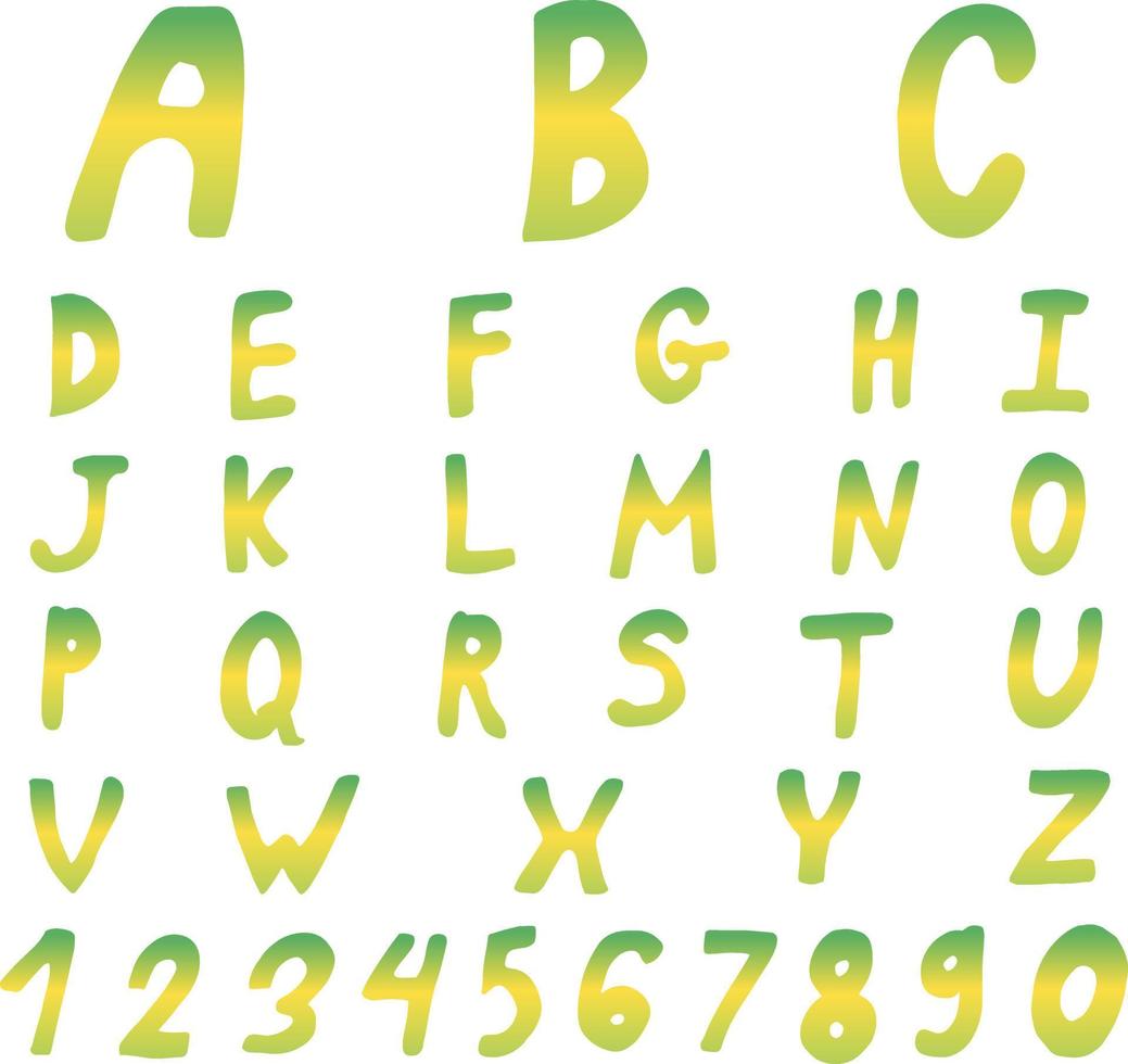 stilizzato pendenza verde e giallo alfabeto e numeri su bianca sfondo. vettore Immagine.