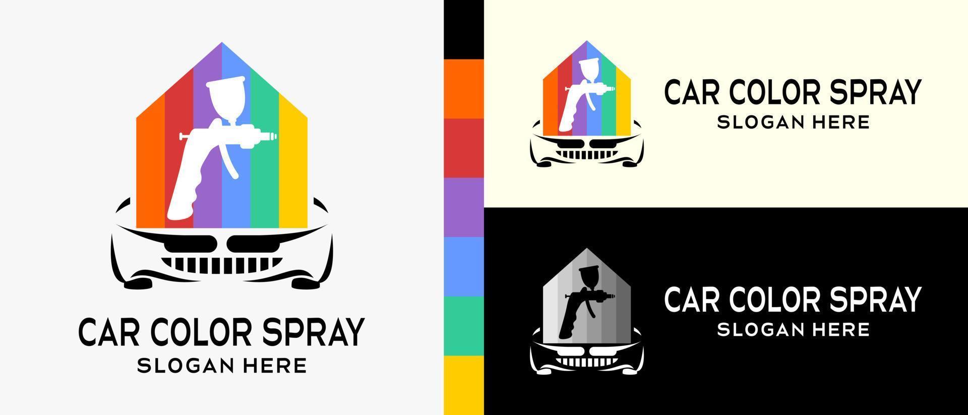 auto dipingere logo design modello. dipingere spray pistola silhouette, auto e Casa icona nel arcobaleno colori concetto. premio vettore