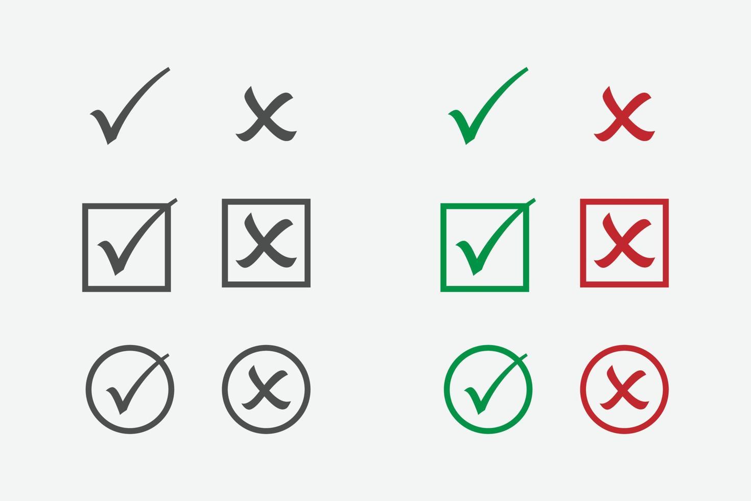 controllare e icone sbagliate. serie di segni di spunta. segno di spunta verde, croce rossa vettore