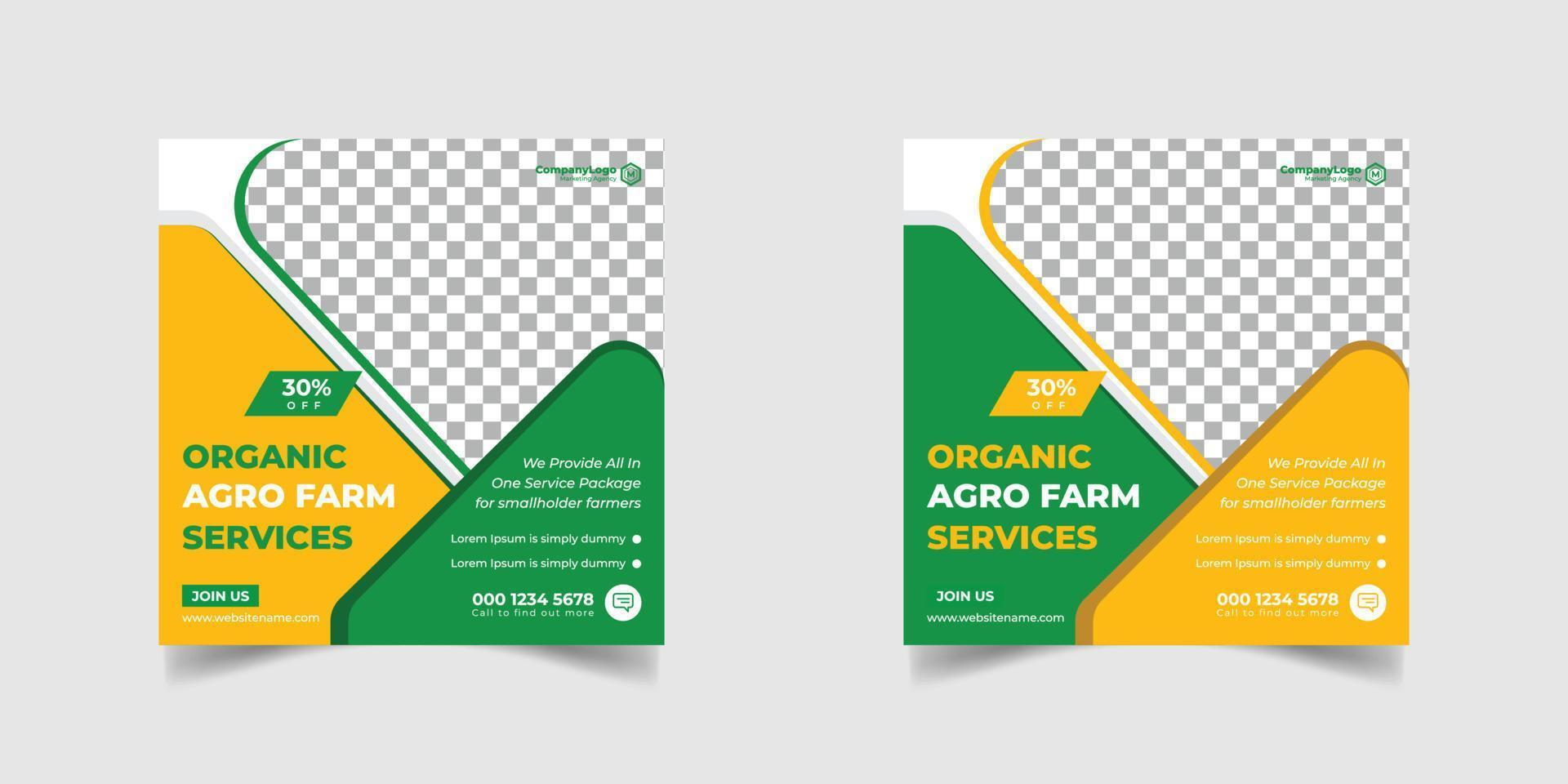 agricoltura servizi di agricoltura o tosaerba servizio di giardinaggio banner post sui social media e modello di copertina o agro farm, agricoltura, agricoltura, azienda agricola biologica vettore