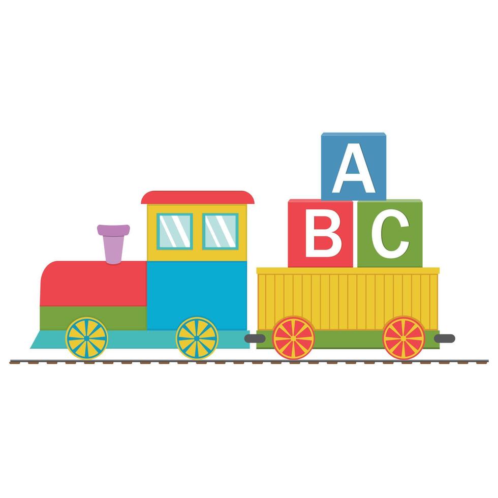 di legno treno con macchine e lettere abc, indietro per scuola, colore vettore illustrazione nel piatto stile