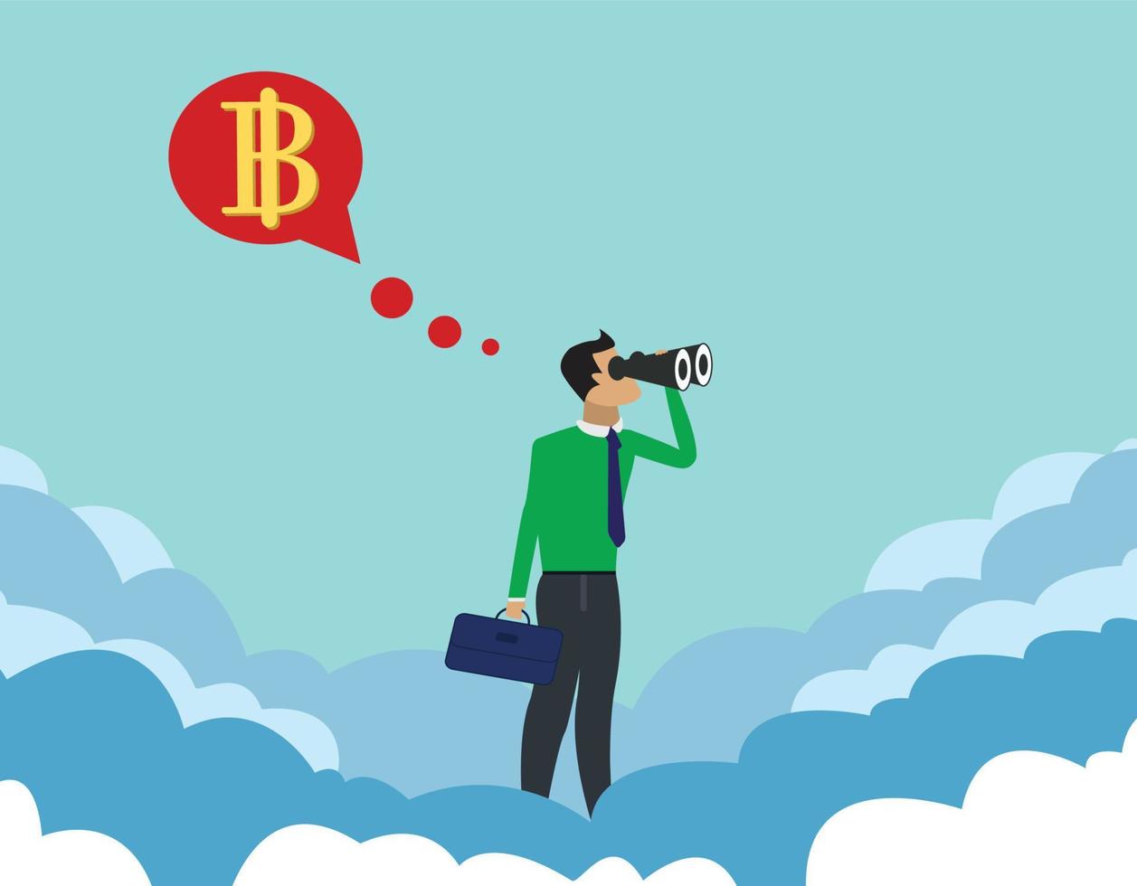uomo d'affari guardare bitcoin In piedi con nuvole, uomo ricerca per bitcoin attività commerciale e finanza, futuro investimento concetto vettore illustrazione