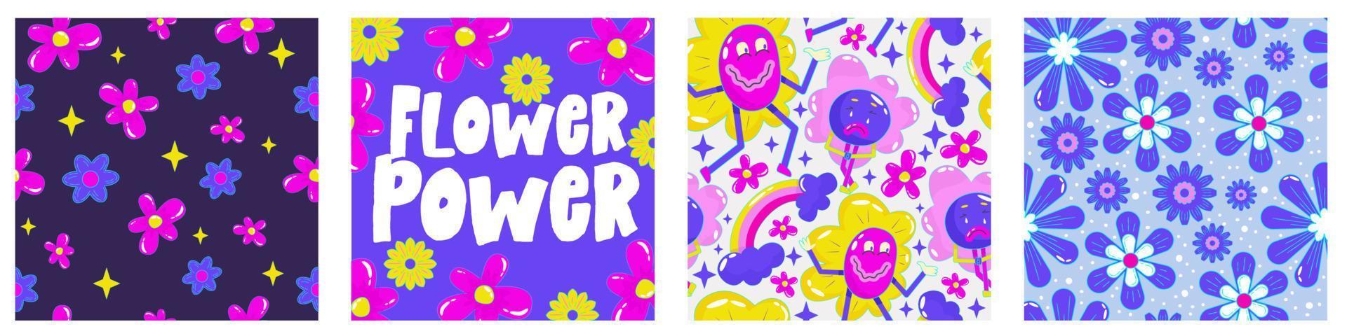 margherita flower power poster impostato per il design di stampa. modello psichedelico trippy astratto. forza dei fiori. illustrazione vettoriale divertente. poster retrò del 1990 per il design della maglietta.