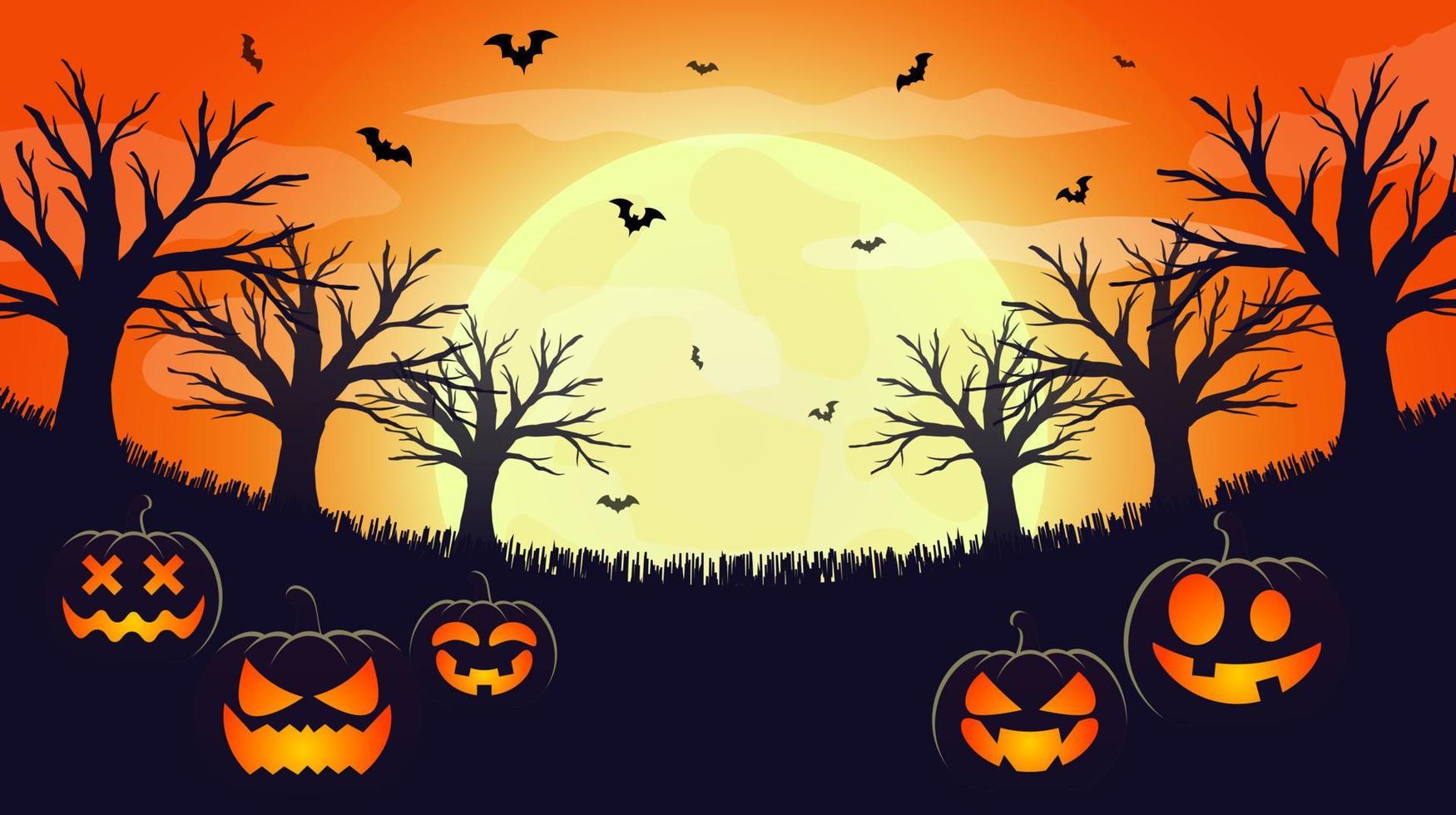 pauroso Halloween notte sfondo. silhouette illustrazione di zucche, pipistrelli, alberi su un' pieno Luna. arancia e giallo sfondo vettore