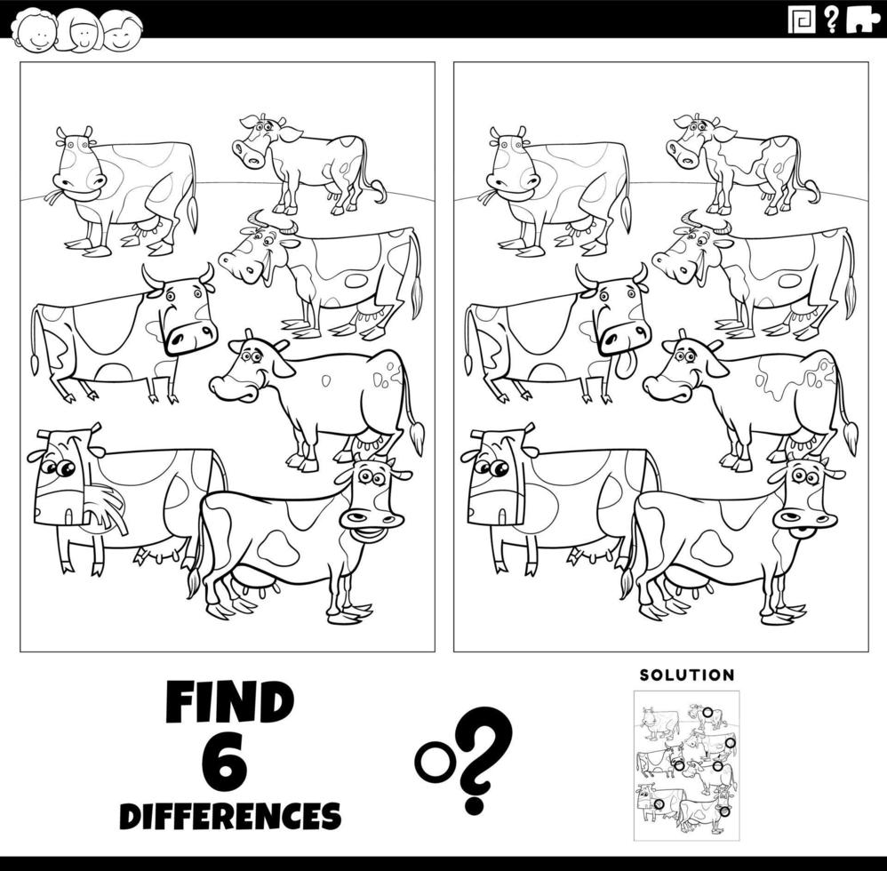 differenze gioco con cartone animato mucche azienda agricola animali colorazione pagina vettore