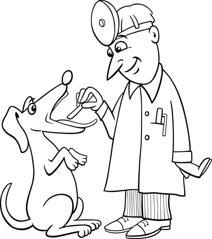 cartone animato cane a il veterinario avendo gola esame colorazione pagina vettore