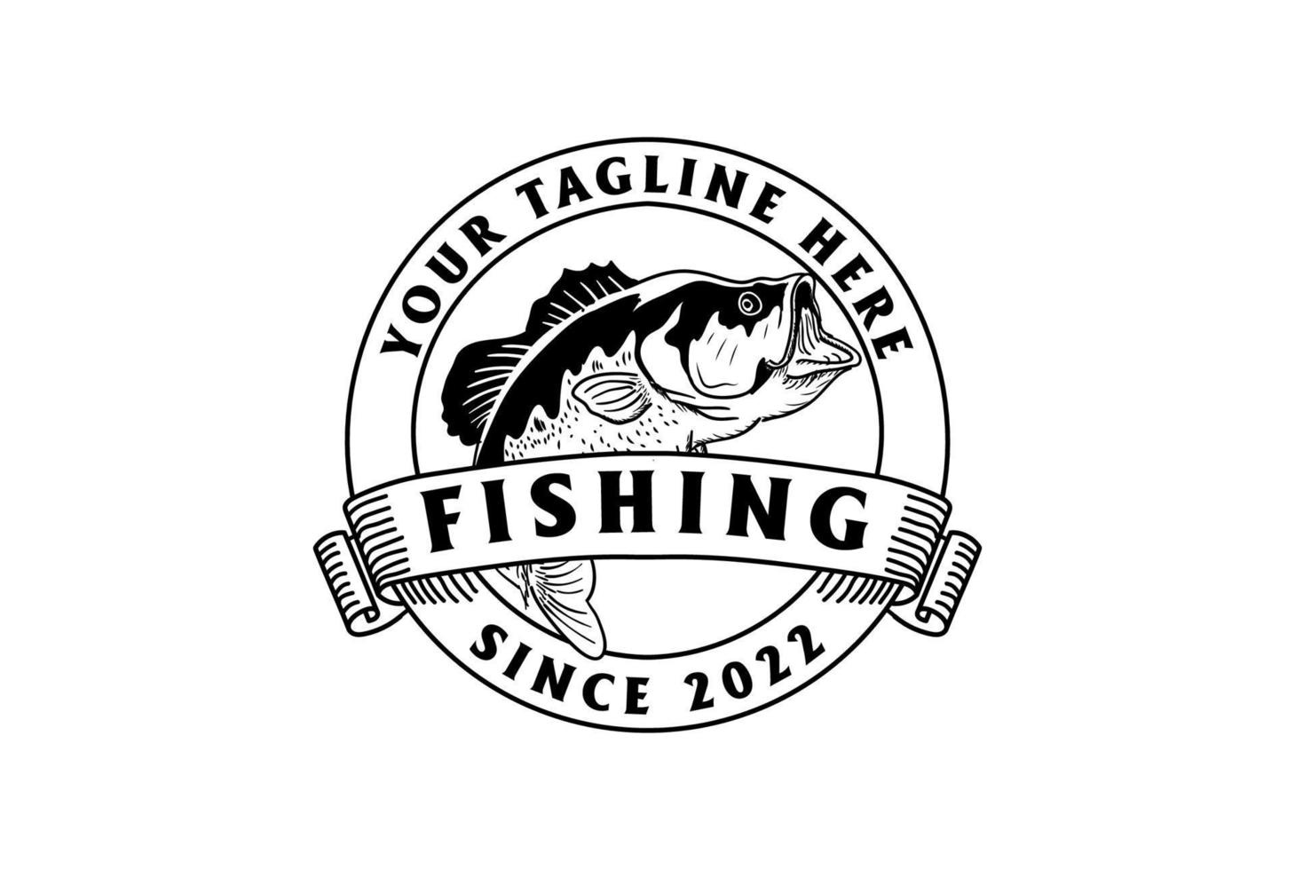 circolare Vintage ▾ salto basso grande bocca pesce distintivo emblema per fresco acqua fiume palude lago pesca logo design vettore