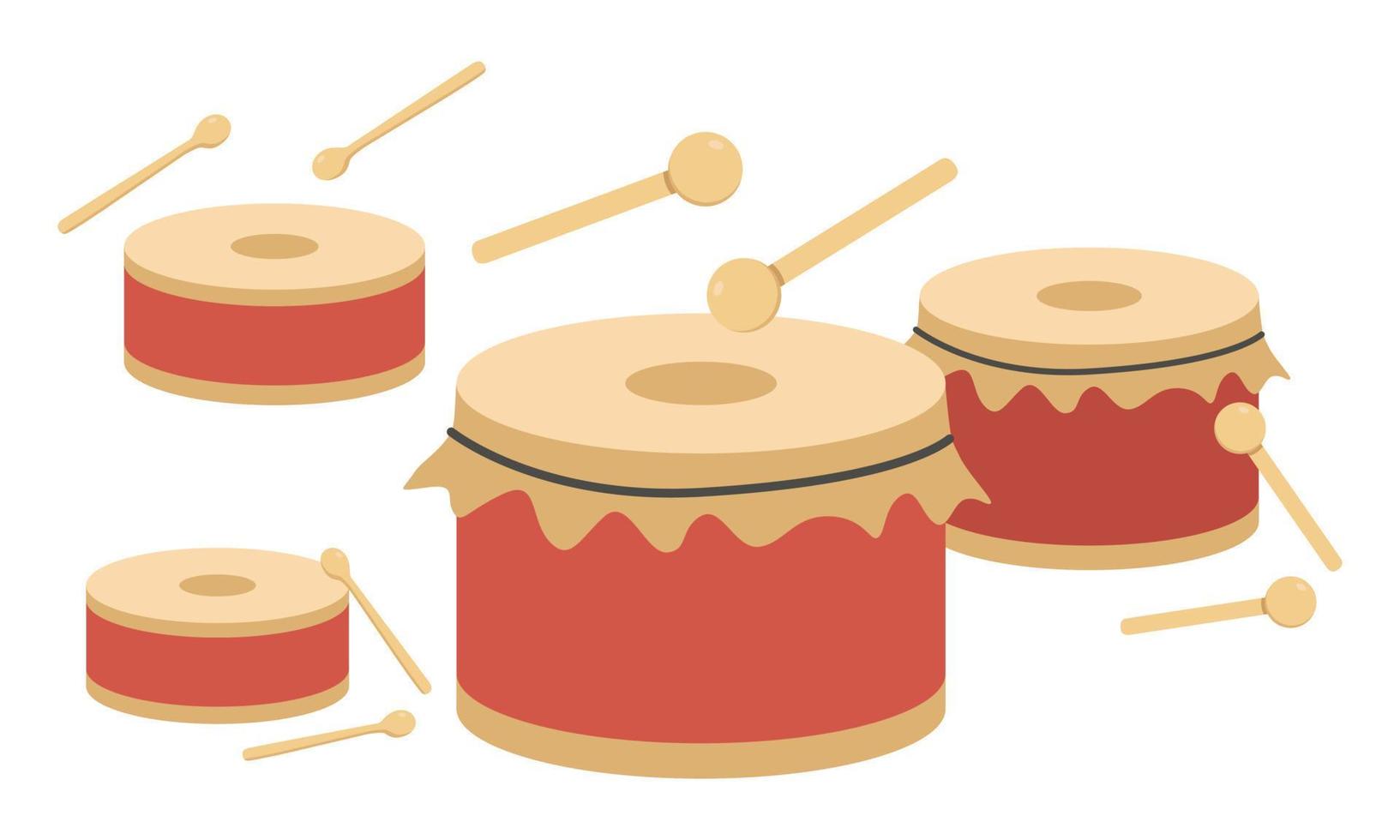 impostato di grande e piccolo rosso tamburo e di legno tamburo bastoni vettore design. tamburo piatto stile illustrazione. percussione famiglia musicale strumento cartone animato stile. Cinese Leone danza concetto