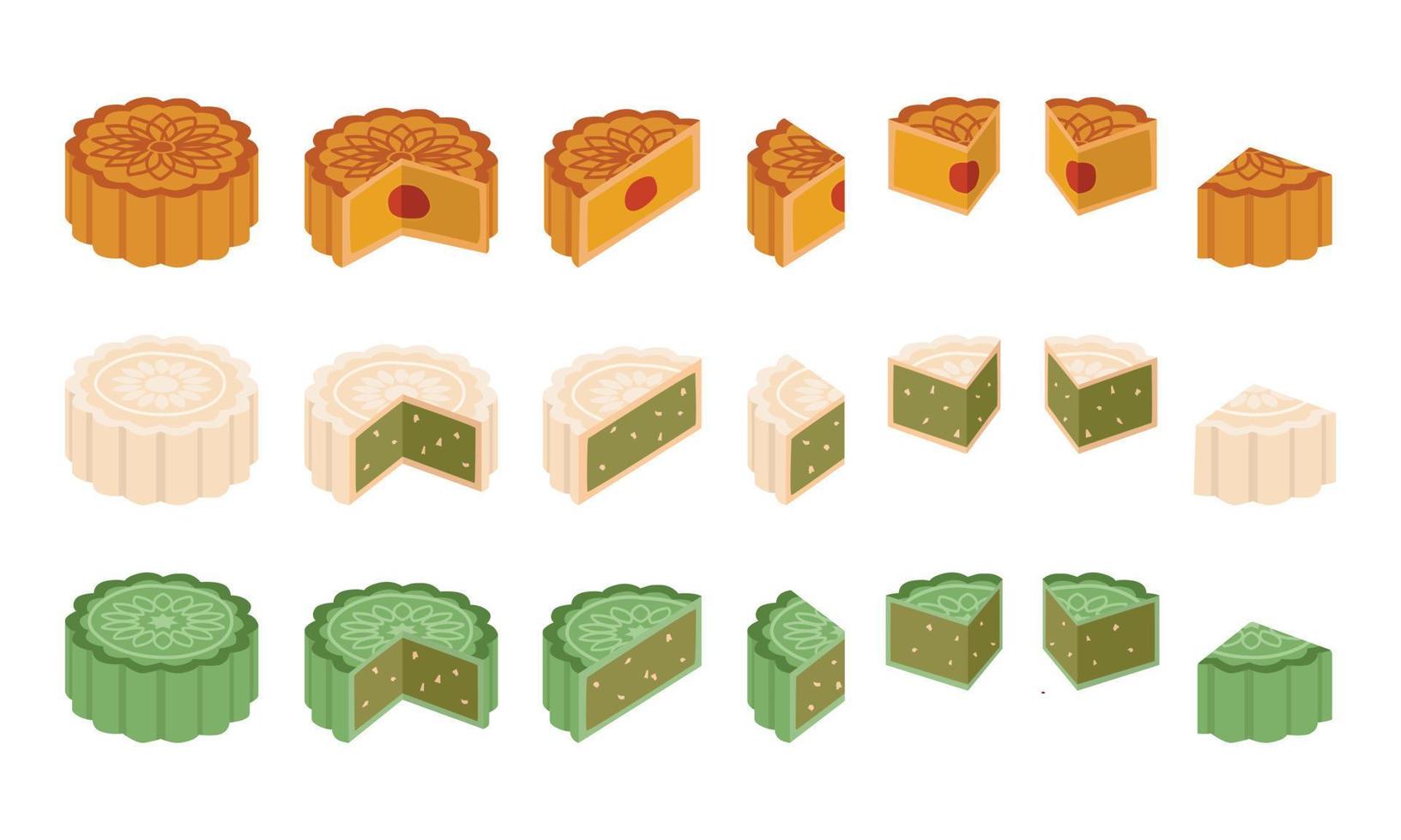 pieno impostato di totale, metà, un' trimestre di mooncakes con diverso sapori e ingrediente clipart. al forno, appiccicoso Riso, matcha tè gusto mooncake vettore design illustrazione. metà autunno Festival Luna torta