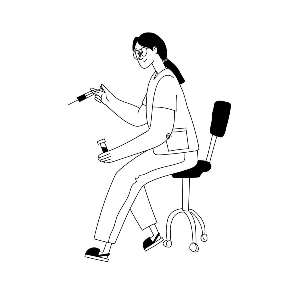 medico con un' siringa nel il suo mano. cartone animato scarabocchio donna su un' sedia pronto per dare un iniezione. disegnato a mano vettore contorno illustrazione. infermiera personaggio isolato su bianca sfondo.