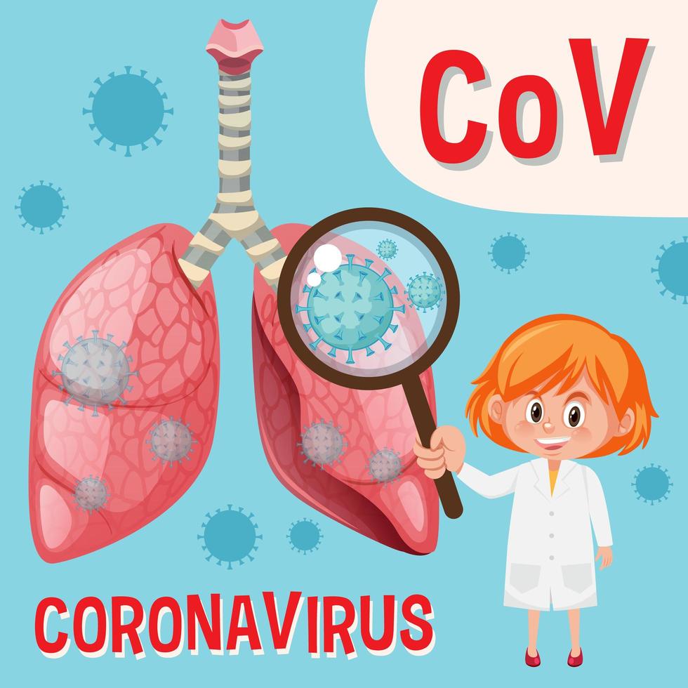 diagramma che mostra il coronavirus con il medico che esamina la cellula virale vettore