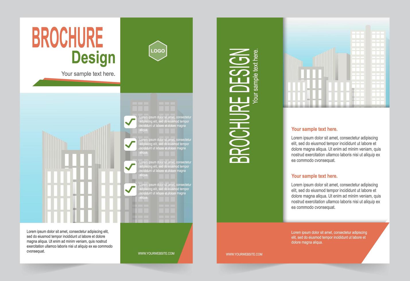 modello di brochure verde e arancione per il marketing per uso aziendale vettore