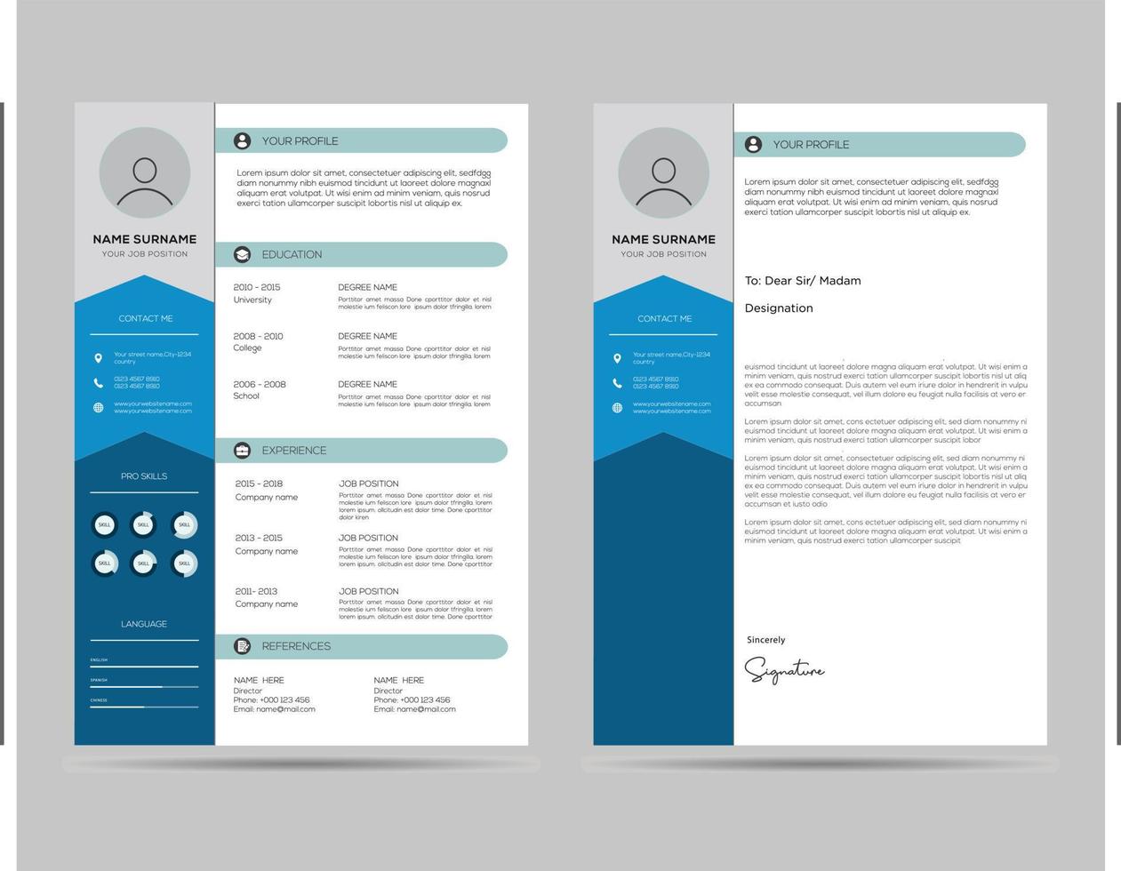 a4 dimensione curriculum vitae con copertina lettera modello vettore