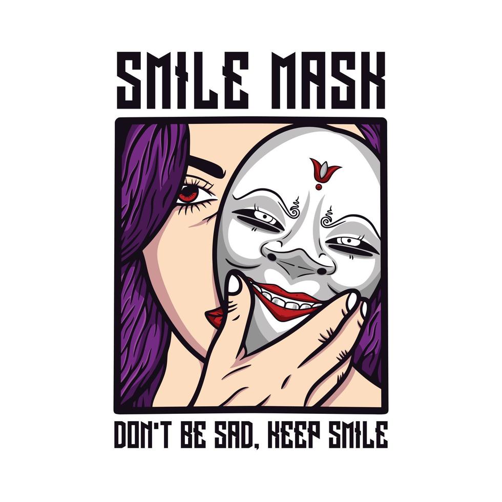 personaggio logo illustrazione donna con maschera Sorridi. fare non essere triste, continua Sorridi vettore