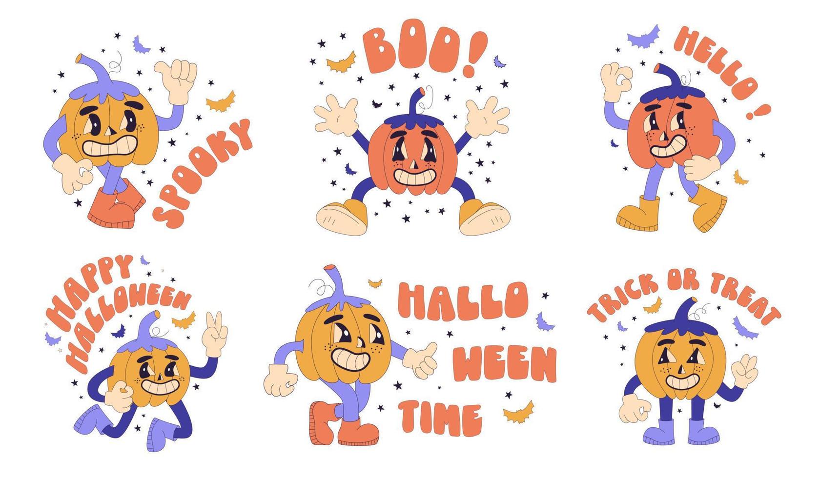 collezione di Halloween lettering con mano disegnato vacanza zucche personaggi. festivo colorato iscrizioni. impostato di vettore comico illustrazioni con zucche nel di moda retrò cartone animato stile.