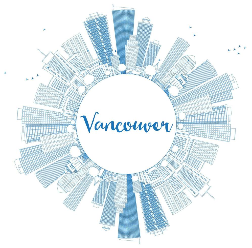 delineare lo skyline di Vancouver con edifici blu e spazio di copia. vettore