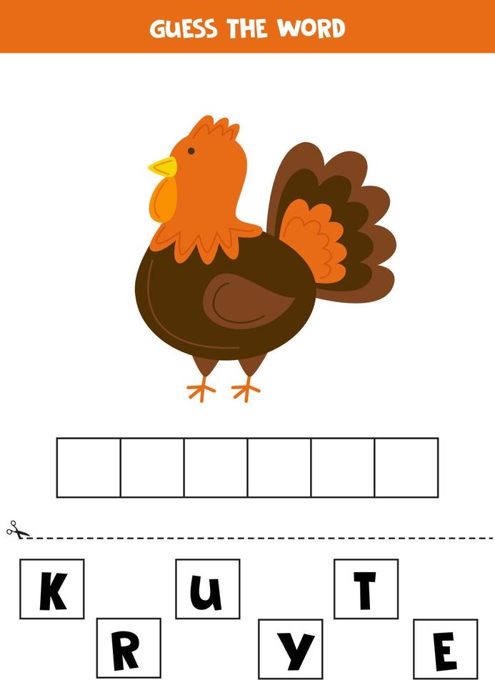 ortografia gioco per prescolastico bambini. cartone animato tacchino. vettore