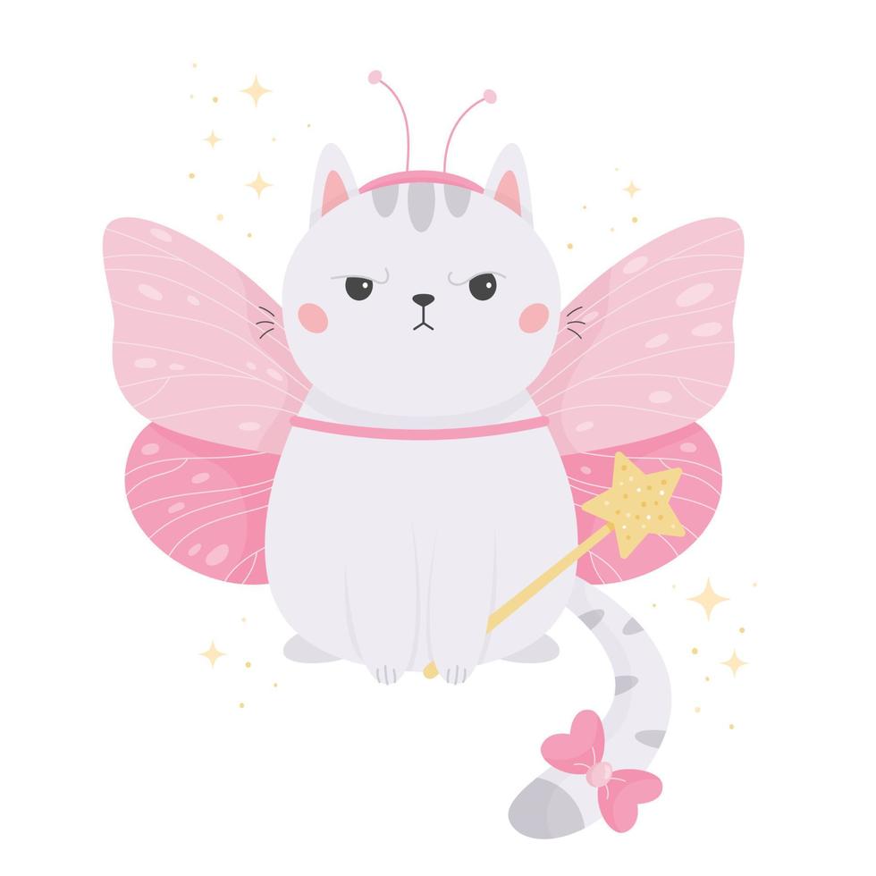 divertente kawaii gatto nel farfalla costume. Halloween cartone animato animale domestico. Fata racconto gattino con Magia bacchetta. arrabbiato gatto. vettore illustrazione.