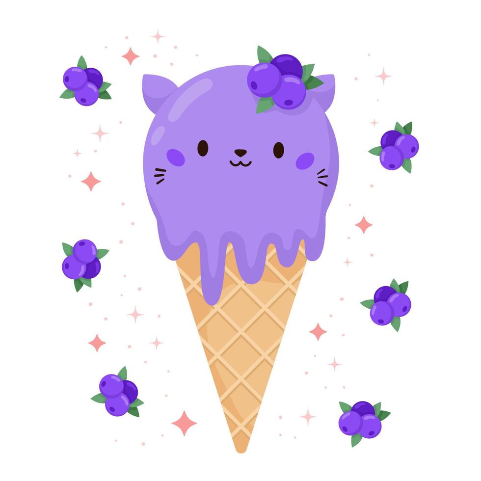 kawaii gatto ghiaccio crema con mirtillo. il giro gattino nel il cialda cono. cartone animato cibo dolce forno Prodotto. foresta bacca. vettore illustrazione.