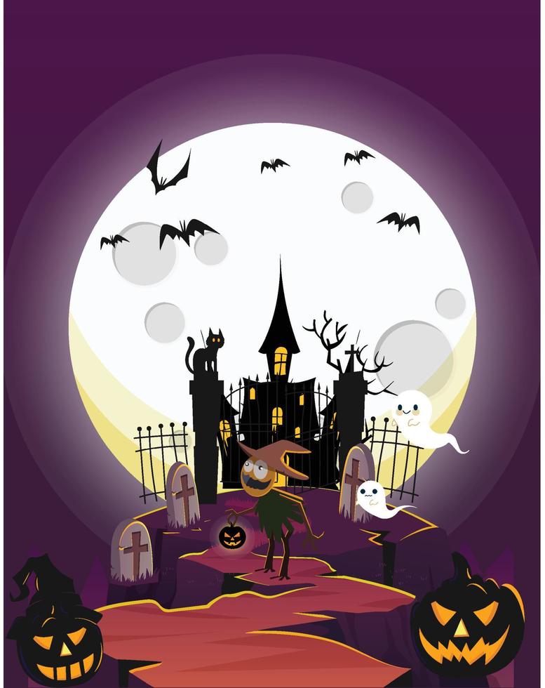 Halloween sfondo chiaro di luna castello cimitero fantasma icone vettore