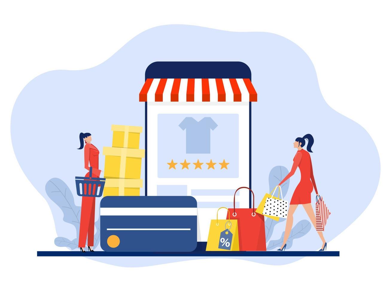 attività commerciale negozio in linea vendita, mobile App shopping e persone acquistare i regali in linea pagamento, piatto tendenza illustrazione per riviste, sito web e applicazione bandiera vettore