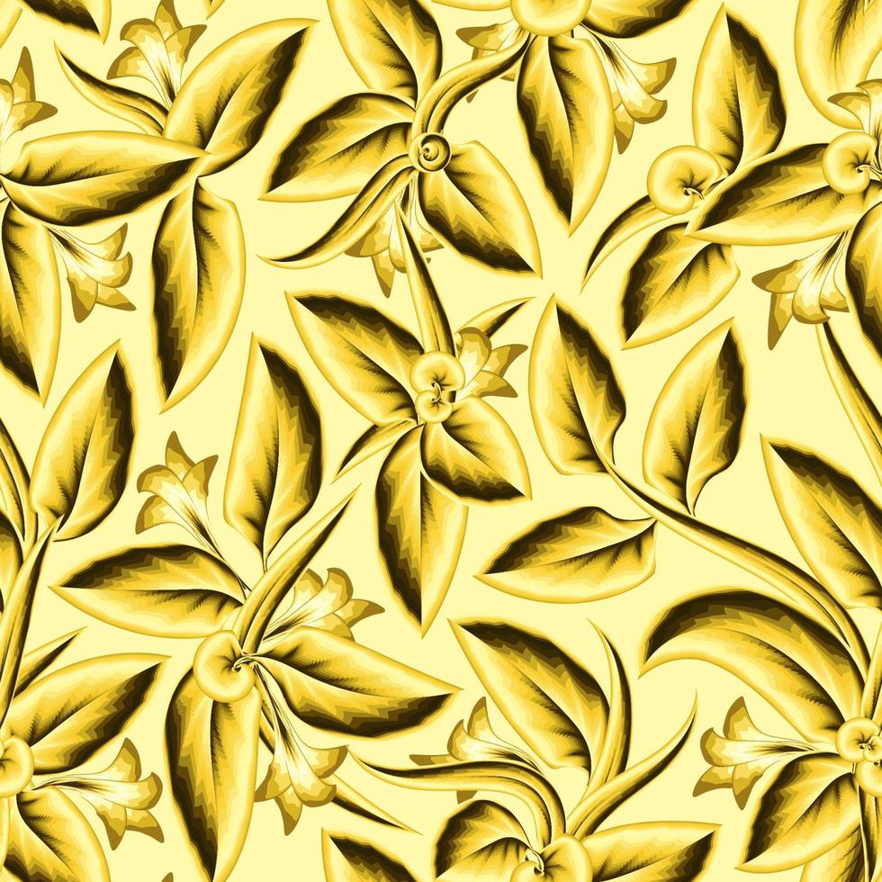 giallo fogliame senza soluzione di continuità modello con tropicale pianta le foglie su leggero sfondo. bellissimo esotico pianta. di moda estate Hawaii. floreale sfondo. natura sfondo. primavera sfondo. autunno sfondo vettore