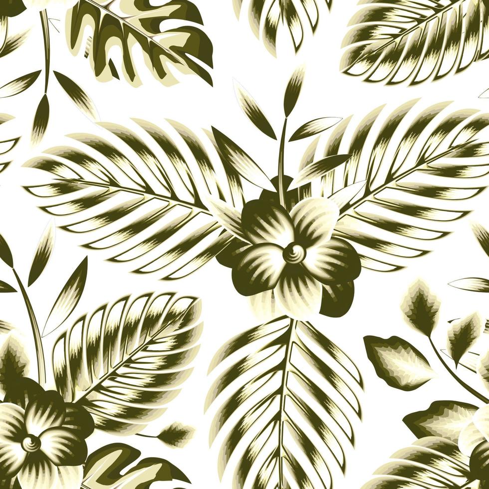 composizione di monocromatico verde palma foglie, Monstera foglia e frangipani fiori tropicale senza soluzione di continuità modello nel un' bellissimo telaio per camicie o altro tessili. floreale sfondo. natura sfondo vettore