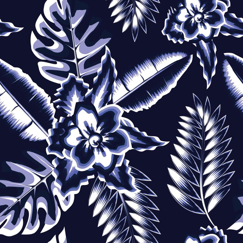 leggero blu monocromatico senza soluzione di continuità modello con astratto Vintage ▾ Monstera felce le foglie e tropicale fiore impianti fogliame su buio sfondo. piatto giungla Stampa. tropicale sfondo. natura sfondo vettore