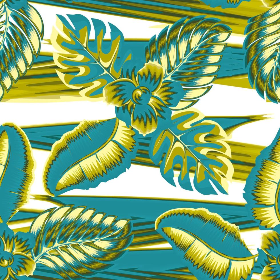 spiaggia estate a tema tropicale senza soluzione di continuità modello alla moda con verde blu astratto Banana foglie, palma foglia e fiore su onda sfondo. colorato mano disegnato illustrazione. esotico tropici. autunno vettore