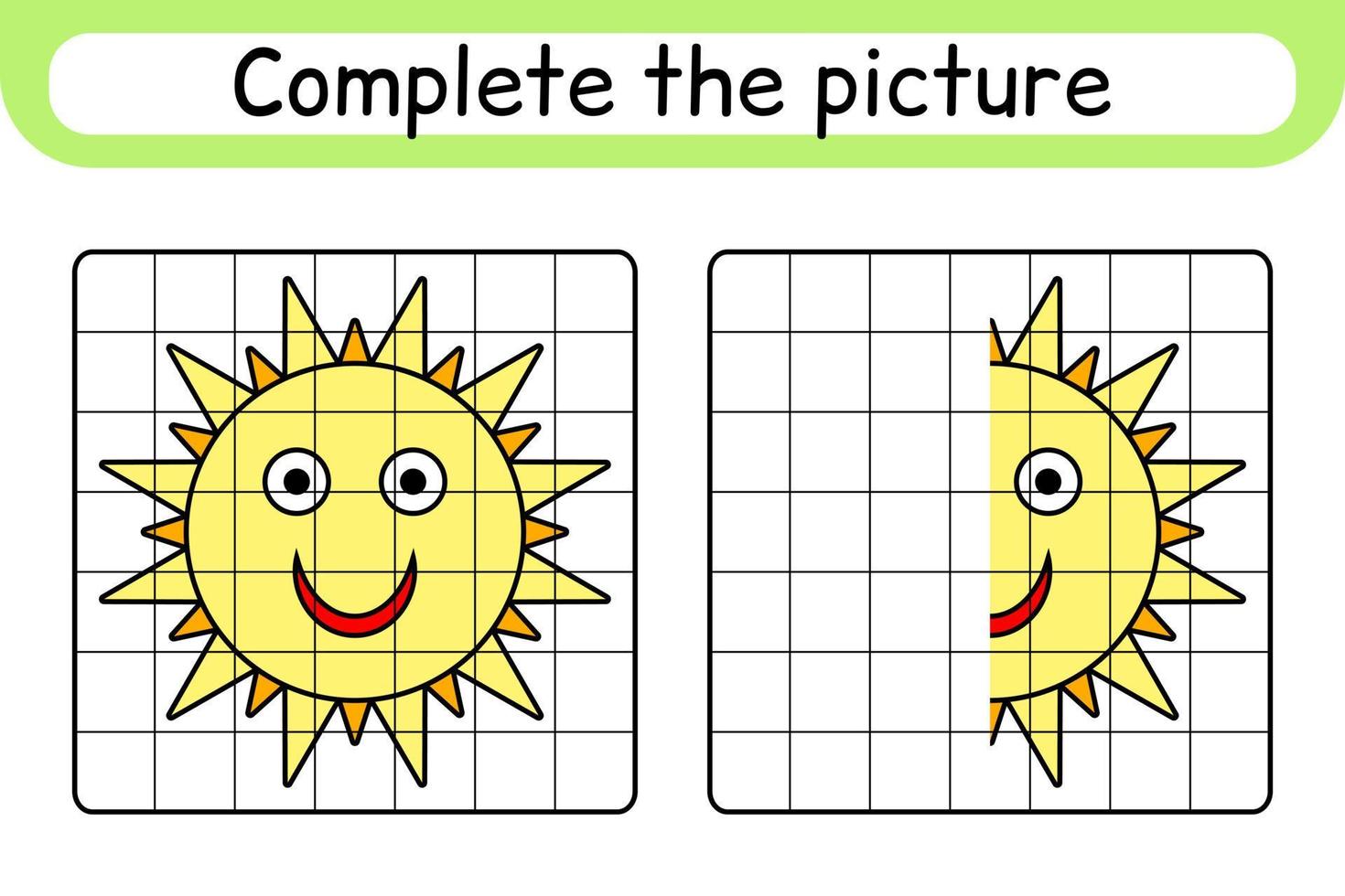 completa il quadro sole. copia l'immagine e il colore. finire l'immagine. libro da colorare. gioco educativo di disegno per bambini vettore