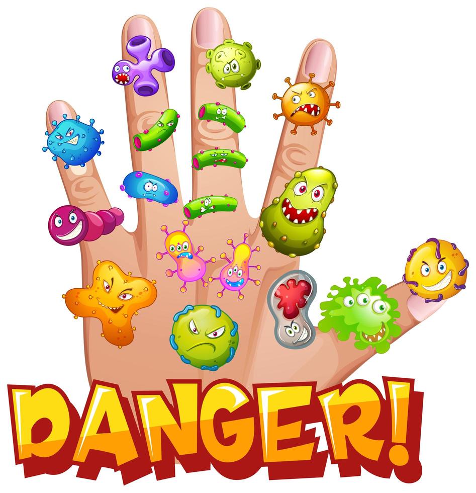 poster di pericolo con cellule virus sulla mano umana vettore