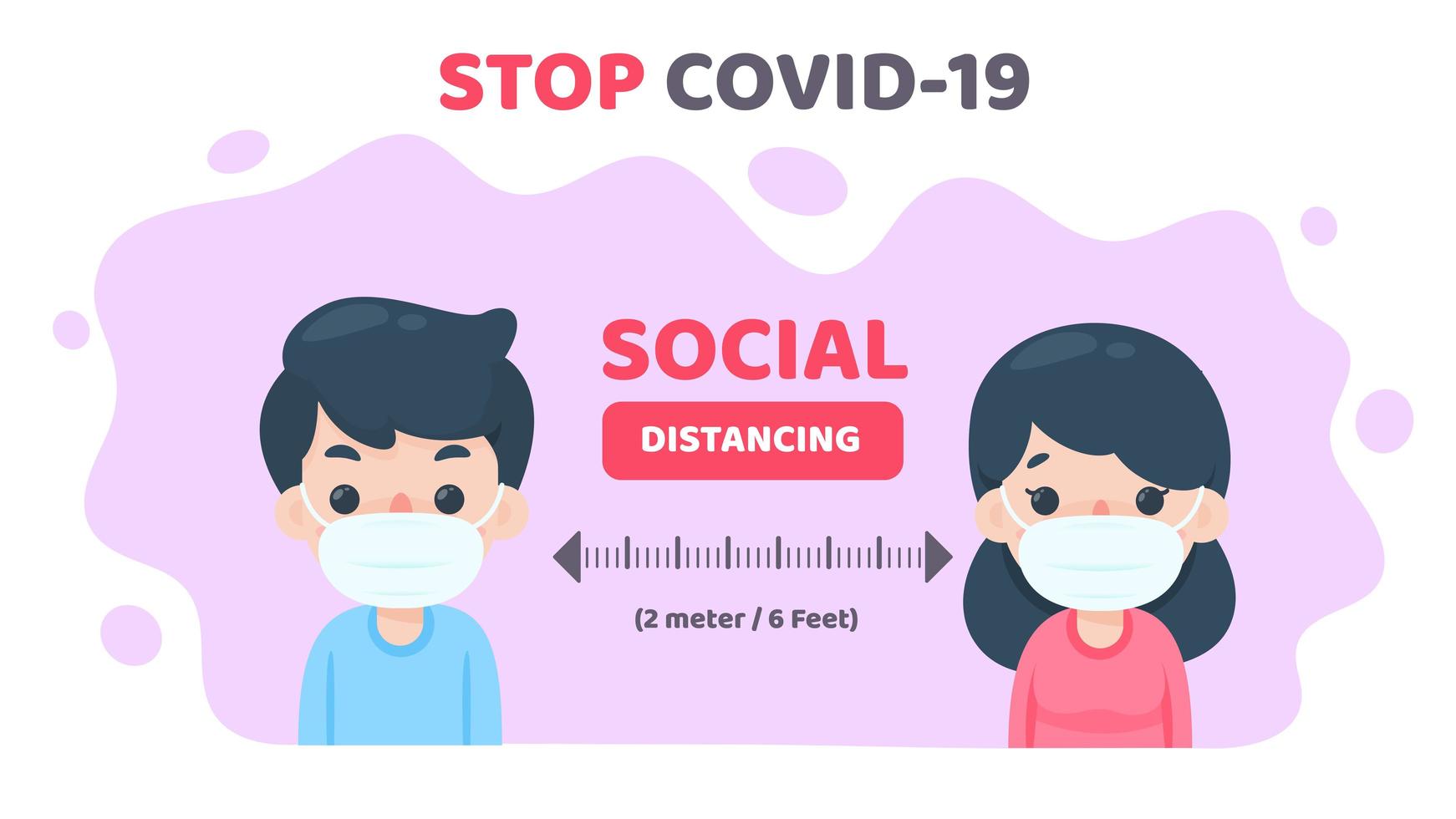 persone mascherate da cartoni animati che prendono le distanze sociali per fermare covid-19 vettore