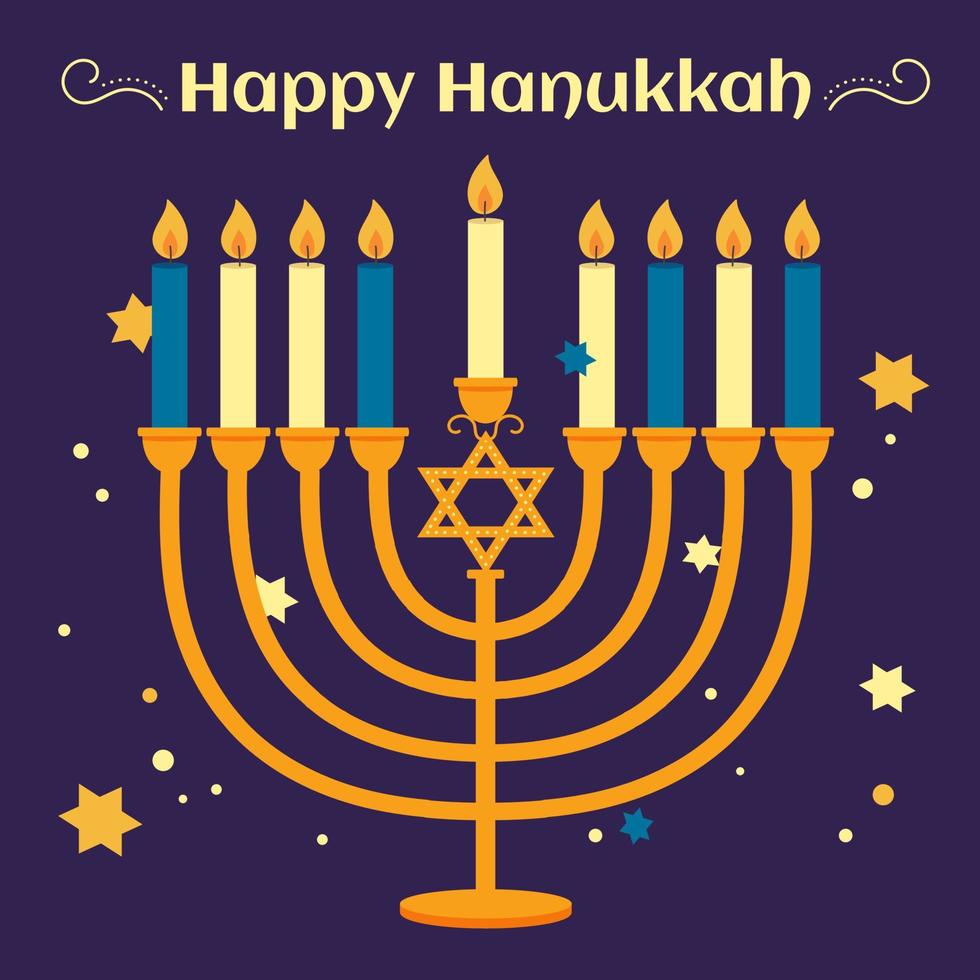 un' bellissimo saluto carta con il iscrizione contento hanukkah. vacanza manifesto. tradizionale candelabri e ardente candele nel esso. vettore Vintage ▾ illustrazione.