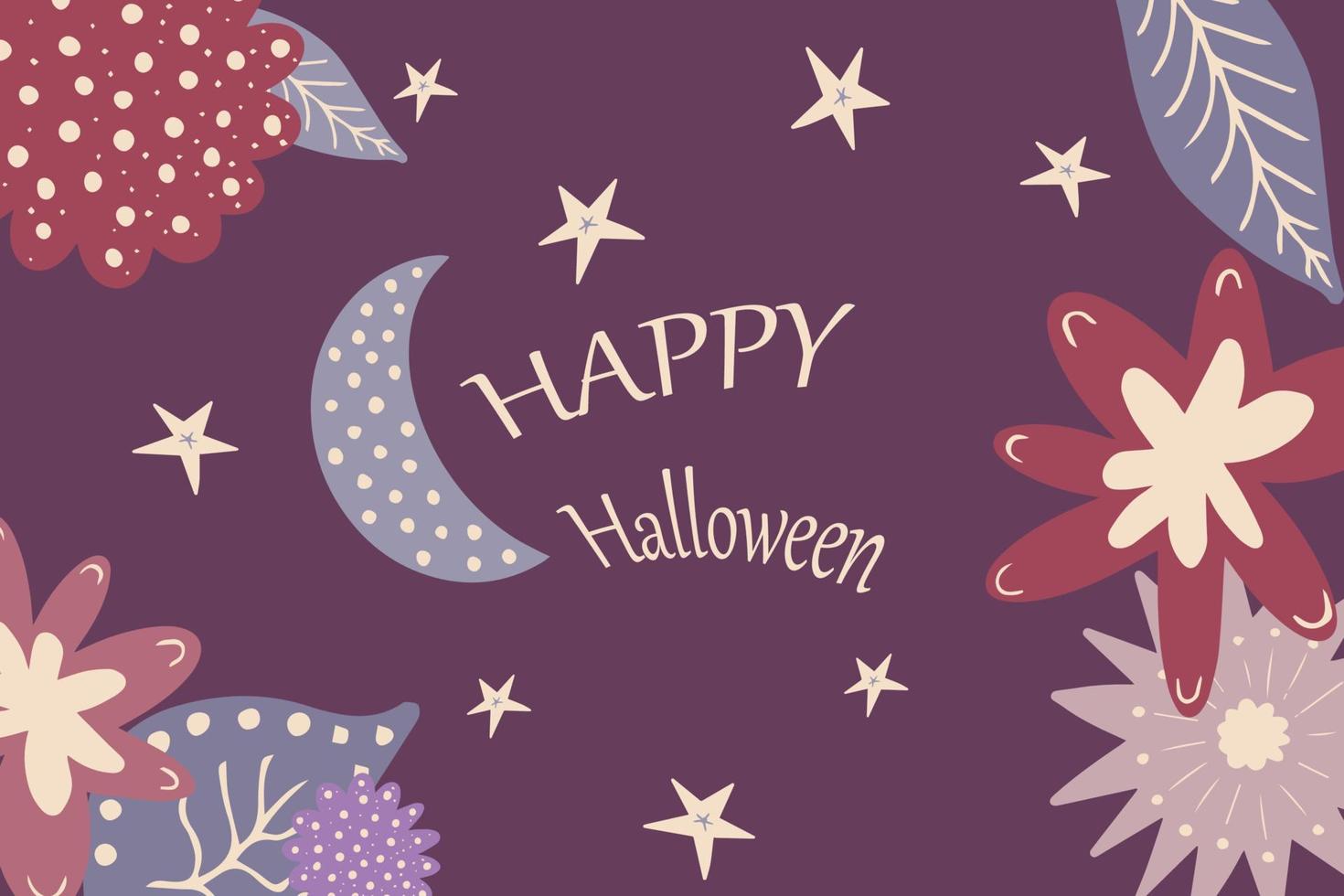 botanico Halloween carino sfondo con astratto impianti, fiori, stelle e Luna. infantile mano disegnato vettore illustrazione per design carta, volantini, festa inviti, festivo bandiera eccetera