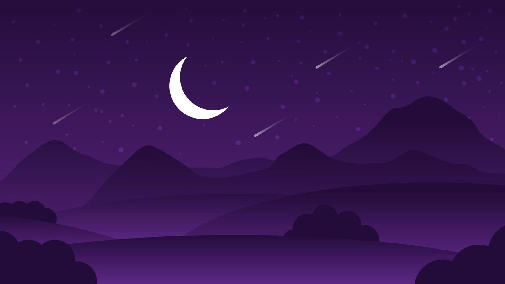 notte paesaggio scena con mezzaluna Luna e brillante stelle nel buio cielo sfondo vettore